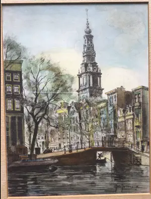 Johannes Josseaud - Amsterdamse gracht met Zuiderkerk | gekleurde litho (uniek)- ingelijst kopen? Bied vanaf 45!