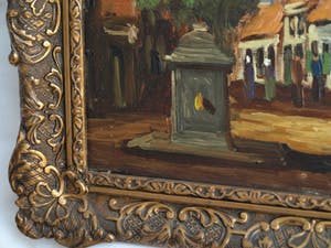 Niet of onleesbaar gesigneerd - Olieverf op paneel , Dorpsplein – gesigneerd & ingelijst - oud kopen? Bied vanaf 1!