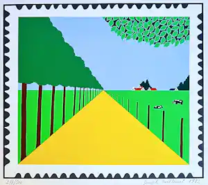 Joseph Willaert - Postzegel met landschap, Zeefdruk, Gesigneerd, 47x58 cm, 1992 verkauft für € 490!