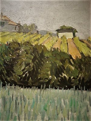 Niet of onleesbaar gesigneerd - Sfeervol omstreeks 1950 geschilderd olieverf "huis op heuvel" mooie lijst! kopen? Bied vanaf 1!