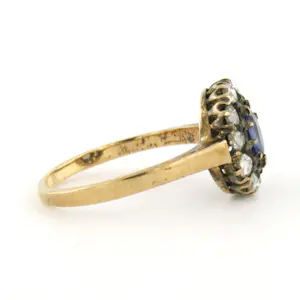 14k gouden ring met saffier en roos geslepen diamant 0.20 ct ringmaat 15.75(49) kopen? Bied vanaf 285!