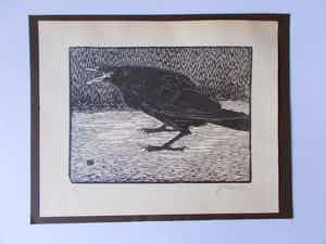 Jan Mankes - JAN MANKES, Schreeuwende Kraai, gesigneerd en gemonogrammeerd, houtsnede verkocht voor € 550!
