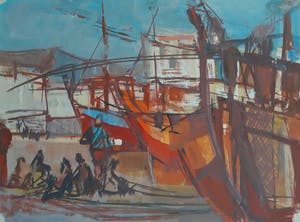 Frans Hollaardt - Vissersboten in haven, gemengde techniek op papier kopen? Bied vanaf 1!