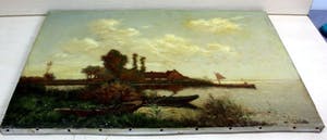 Henk Leurs - Hollands landschap met bootjes in rietkraag bij meer kopen? Bied vanaf 175!