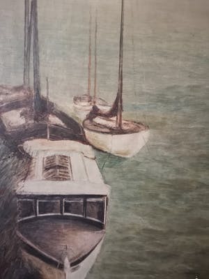 Niet of onleesbaar gesigneerd - Zicht op de jachthaven van Antwerpen met historisch stadscentrum op achtergrond kopen? Bied vanaf 1!
