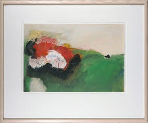 Eugenie Sassen - Olieverf op papier, Landschap met rood - Ingelijst kopen? Bied vanaf 50!