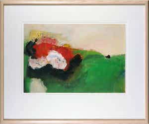 Eugenie Sassen - Olieverf op papier, Landschap met rood - Ingelijst verkocht voor € 50!