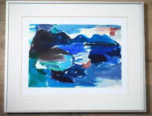 Lies Snel - ingelijste gouache: Amorgos (Griekenland), uitzicht in de namiddag - verkocht voor € 50!