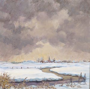 Jan Dekker - Olieverf op hardboard, Polderdorp Winter, Ingelijst kopen? Bied vanaf 1!