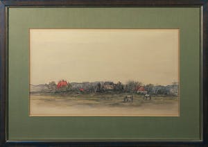 Niet of onleesbaar gesigneerd - Ingekleurde potloodtekening, Dorpsgezicht - Ingelijst kopen? Bied vanaf 1!