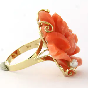14k geel gouden ring met koraal, parels en briljant geslepen diamant tot. 0.05ct kopen? Bied vanaf 635!