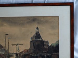 Niet of onleesbaar gesigneerd - Gouache , “Watergezicht met brug en poortgebouw” - ingelijst kopen? Bied vanaf 1!