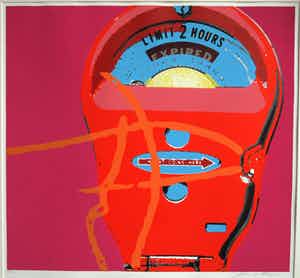 Niet of onleesbaar gesigneerd - GROTE ingelijste zeefdruk , Parkeermeter – gesigneerd – nr. 27 van 50 ex. verkocht voor € 1!