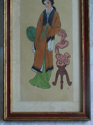 Niet of onleesbaar gesigneerd - Ingelijste gouache op zijde, Japan? China? , Vrouw kopen? Bied vanaf 1!