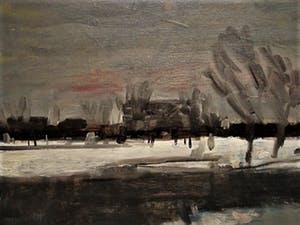 Niet of onleesbaar gesigneerd - Sfeervol impressionistisch Winterlandschap bij ondergaande zon - gesigneerd kopen? Bied vanaf 1!