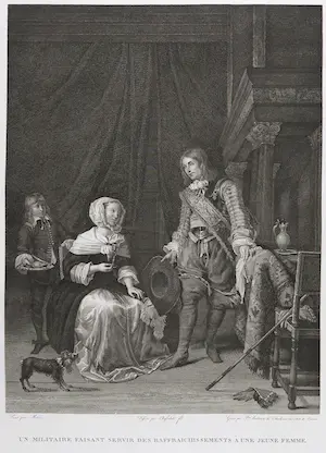 Pierre Audouin - Lot van twee kopergravures, Twee scènes met militairen kopen? Bied vanaf 1!