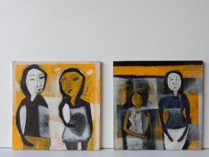 Niet of onleesbaar gesigneerd - Gestileerde figuren - 2 schilderijen kopen? Bied vanaf 1!