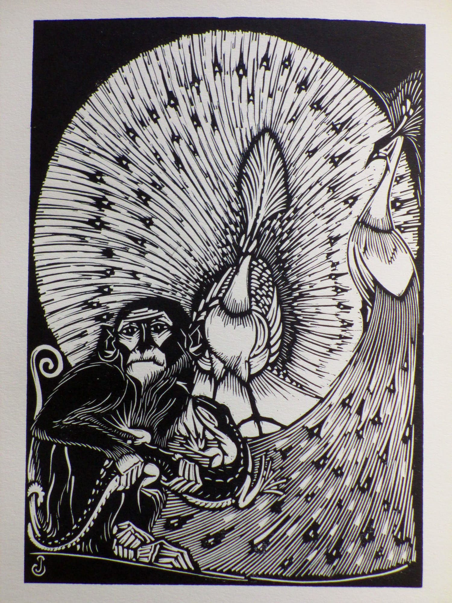 Jan Schonk - Pauwen en een aap - Houtsnede verkocht voor € 25!