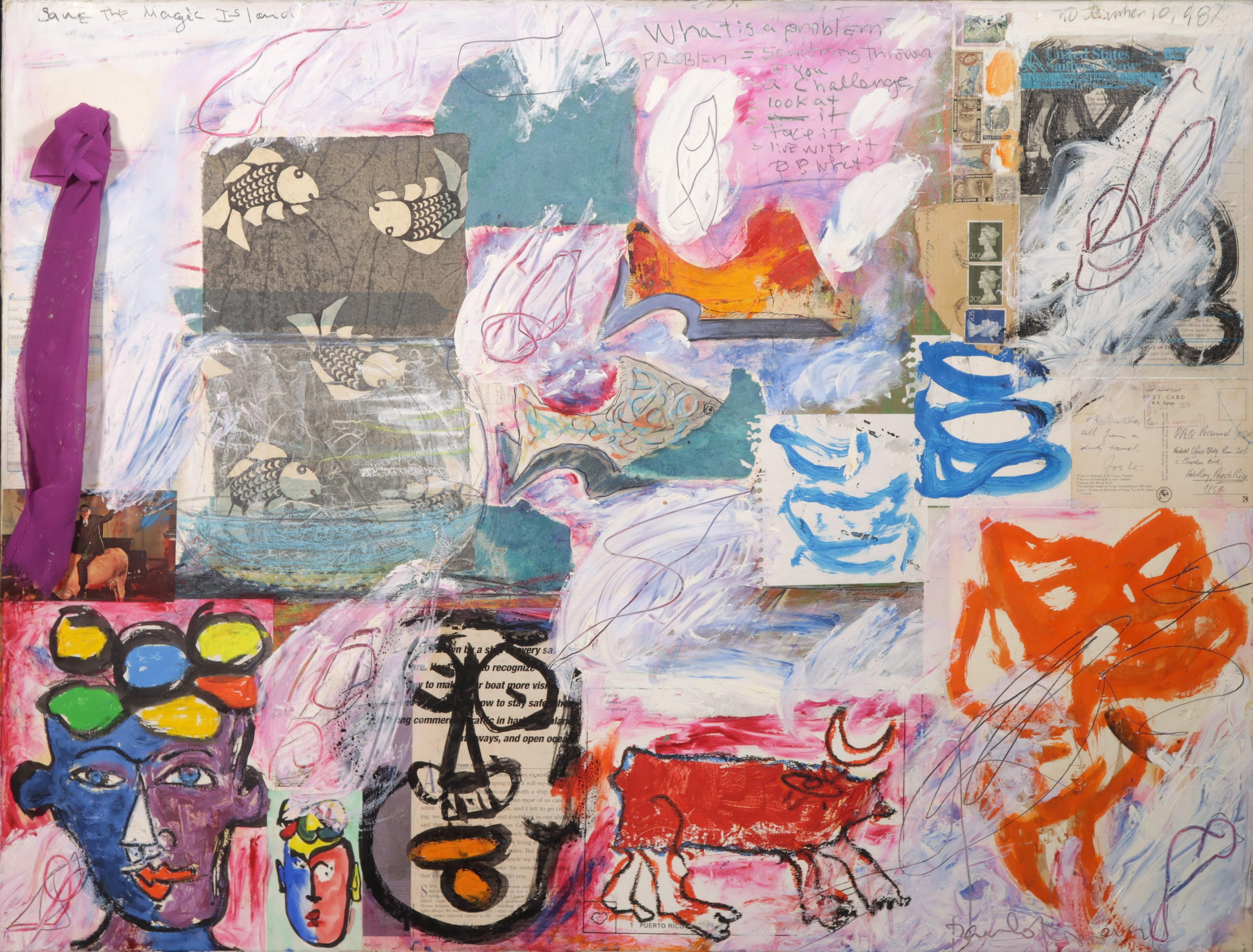 Raimundo Figueroa - Collage, acryl en potlood doek, The magic island verkocht voor € 200!