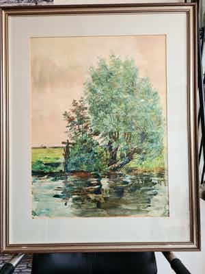 Piet Kramer - Polderlandschap met wilgen en water verkocht voor € 125!