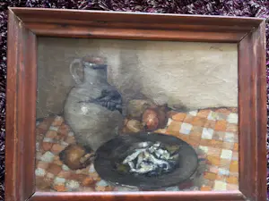 Cornelis Kievit - stilleven met vis, uien en kan kopen? Bied vanaf 85!