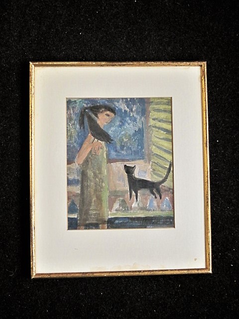 Carla Daalderop Bruggeman - Bijzonder kubistisch Aquarel "Vrouw zwarte kat en Kraai" gesigneerd  kopen? Bied vanaf 1!