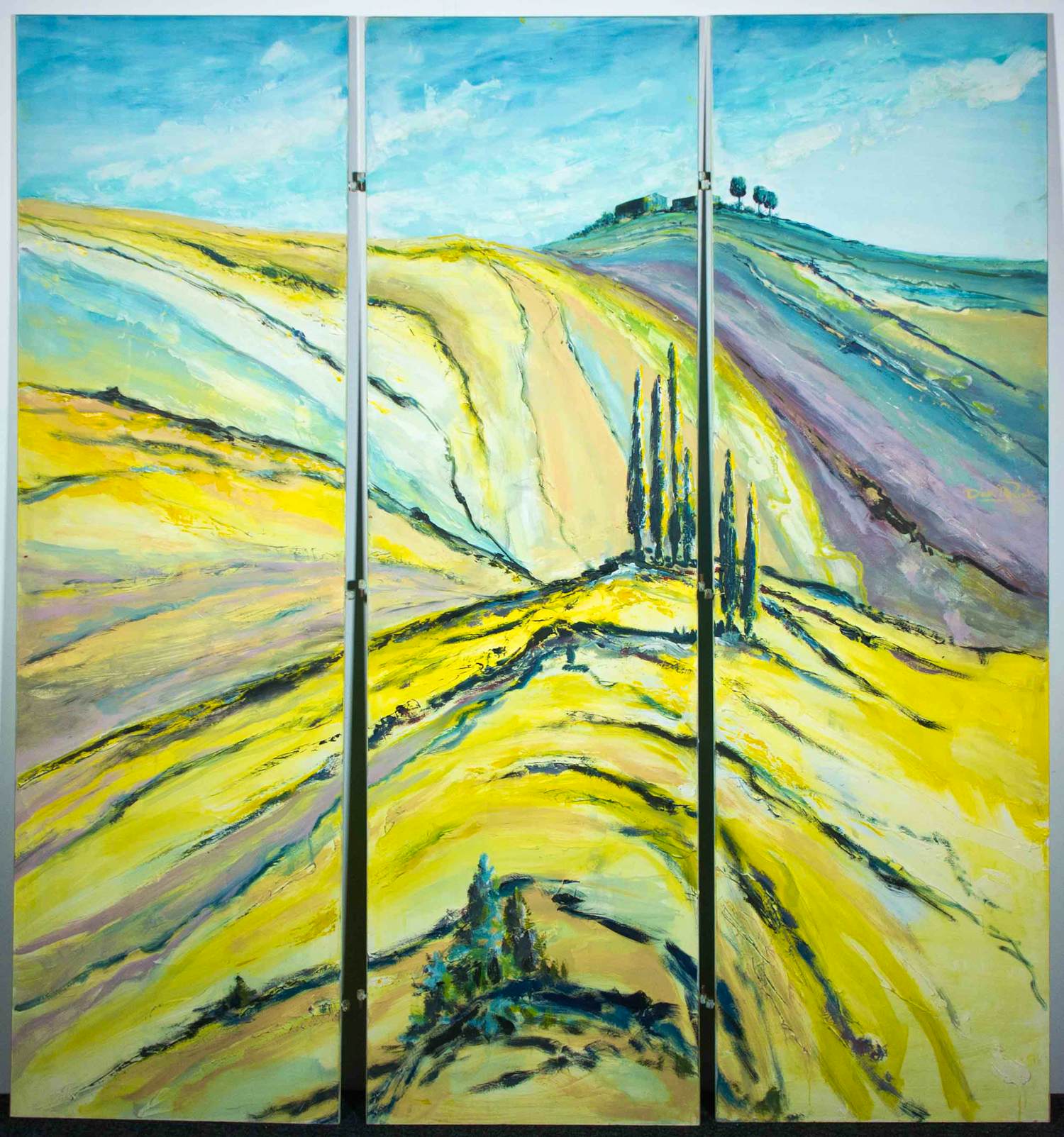 Niet of onleesbaar gesigneerd - Dick Nijzink, Acryl op panelen, Wandelaar op zijn pad -(Drieluik, Zeer groot) kopen? Bied vanaf 100!