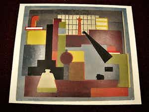 Wim Motz - Bijzondere 1956 geometrische Lithografie "Haven Rotterdam met tanker" handgesign verkocht voor € 45!