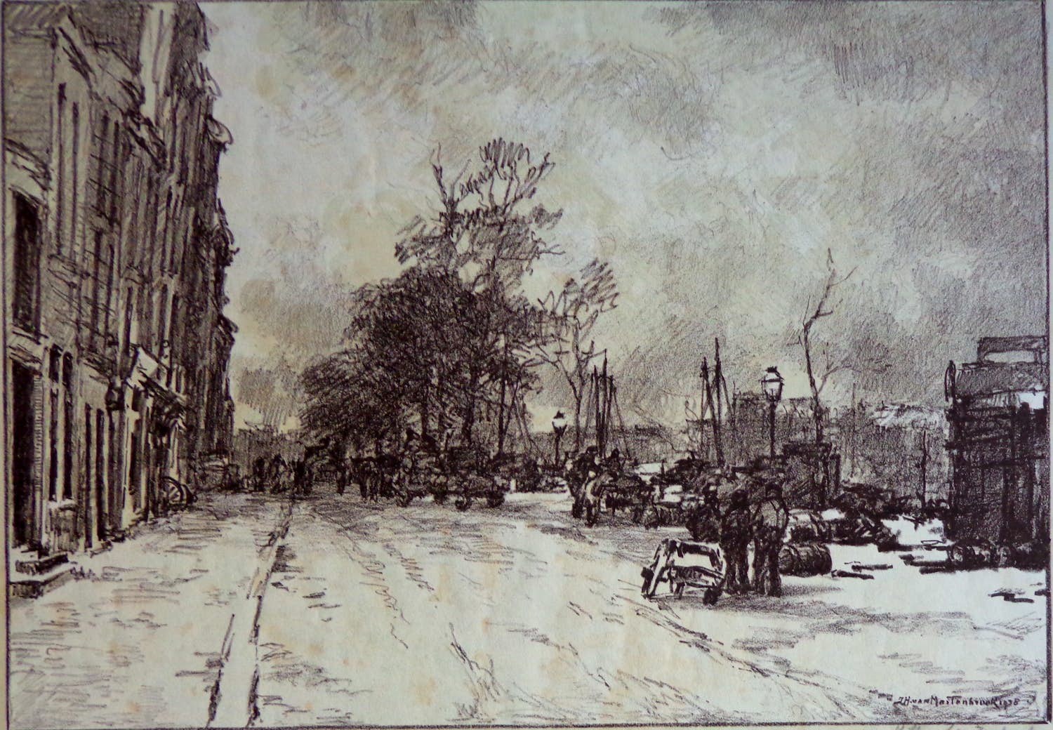 Johan Hendrik van Mastenbroek - PERSONAGES IN DE STAD / ZW-W LITHO / 50x65cm / SIG / 1938 verkocht voor € 25!