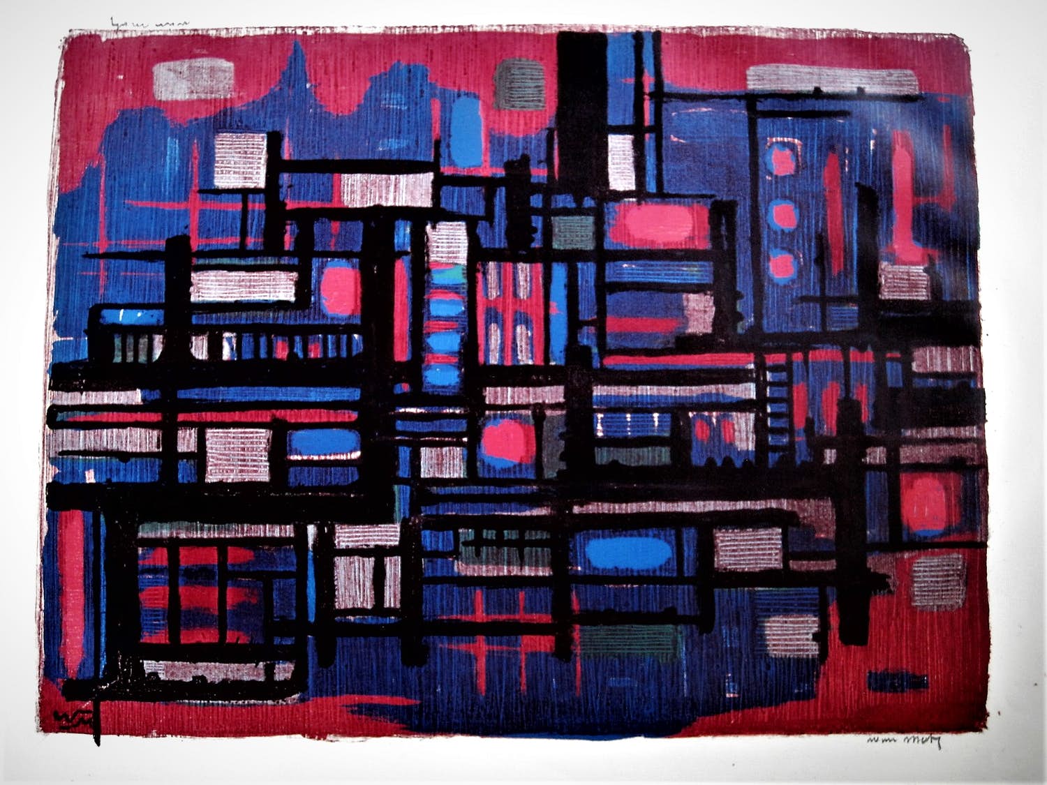 Wim Motz - Bijzondere 1956 geometrische kleuren Lithografie "Pernis" handgesigneerd verkocht voor € 37!