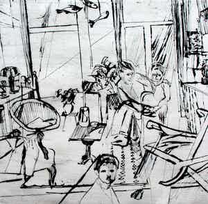 Wilfred Voet - Ets: "kamer met vissen" - 1968 verkocht voor € 49!