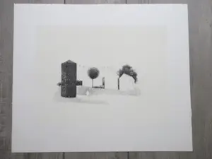Metten Koornstra - Surrealistisch landschap met huizen en meisje - Litho kopen? Bied vanaf 50!