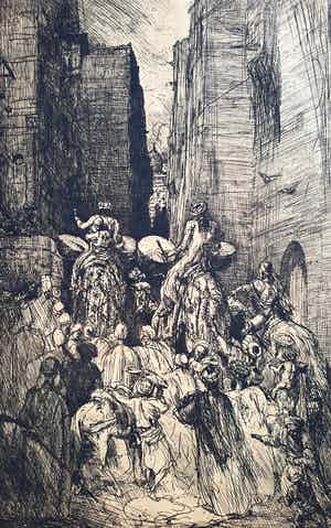 Marius Bauer - Een huwelijks-optocht met kameelen in Cairo, ets verkocht voor € 175!