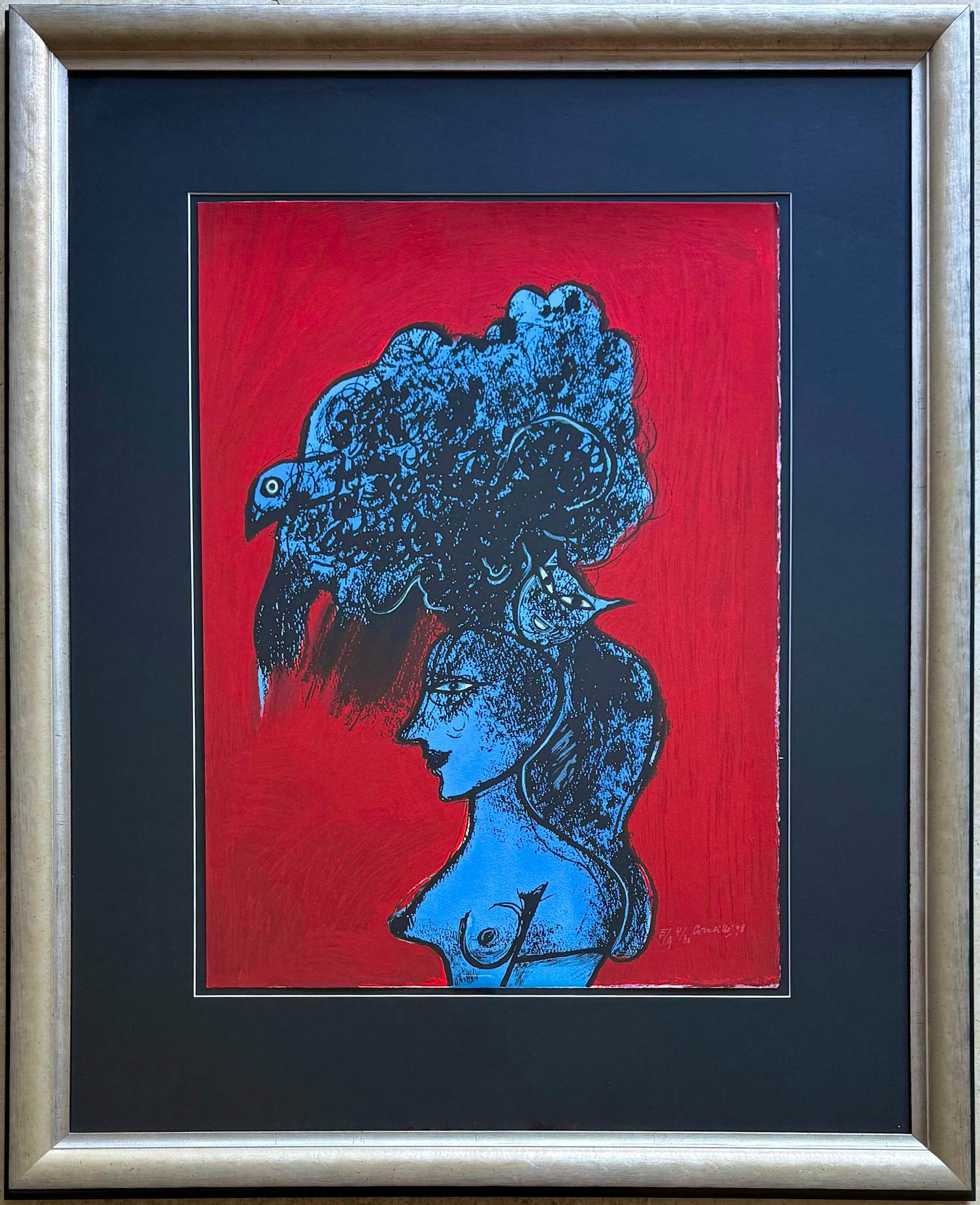 Corneille - "Femme, chat et oiseau" - Groot - Imposant ingelijst (nieuw). verkocht voor € 670!