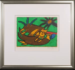 Corneille - Zeefdruk, Chat et oiseau dans l'herbe - Ingelijst kopen? Bied vanaf 150!