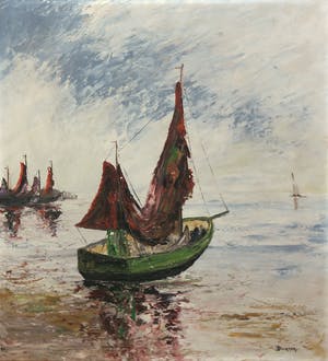 Joop Burger - Olieverf op paneel, Boten op zee - Ingelijst kopen? Bied vanaf 20!