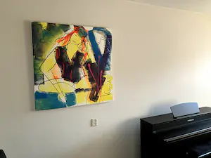 Jacob Kanbier - Zeer groot doek 100 x 100 cm - afbeelding meisje met muzieknoten kopen? Bied vanaf 120!