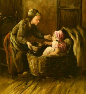 Leendert Verburgh - (1924) - Larense School - "Moeder en Kind " - Olieverf/Paneel - Sign. Lo. kopen? Bied vanaf 120!