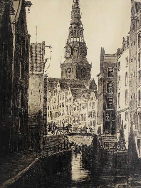 Louis Landre - gesigneerde Ets Amsterdam Oudezijds kolk en Oude kerk" ca 1920 kopen? Bied vanaf 1!