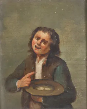 AcheterNiet of onleesbaar gesigneerd - Hollandse school, 17e/18e eeuw, portret van een man met tinnen schotel? Enchérissez de 1!