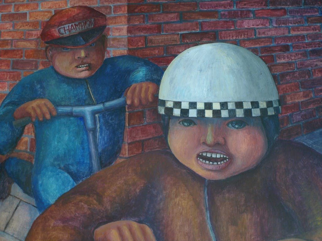 An Beerman - Gouache , Jongens met step - ingelijst - 93 x 73 cm - ca 1975  kopen? Bied vanaf 100!