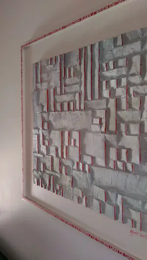 Gerrit Bas - Reliëfwerk in wit-grijs en helder rood, 'Het afscheid komt er alweer aan...' kopen? Bied vanaf 150!