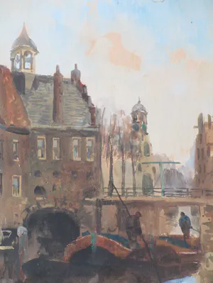 Adriaan Terhell - Hollandse stad met schippers in gracht - Aquarel kopen? Bied vanaf 40!