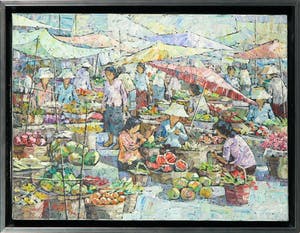 Niet of onleesbaar gesigneerd - Acryl op doek, Markt - Ingelijst kopen? Bied vanaf 1!