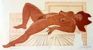 Ank Spronk - Naakte Vrouw met Kat - Kleurets / Preegdruk, Ingelijst verkocht voor € 60!