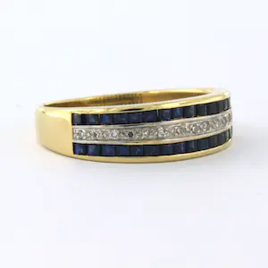 18k gouden ring bezet met saffier en single cut geslepen diamant tot. 0.07ct kopen? Bied vanaf 300!