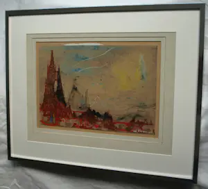 Rene De Coninck - Gemengde techniek op karton , Ingelijst , ‘Stadsgezicht’ - 1956 kopen? Bied vanaf 1!