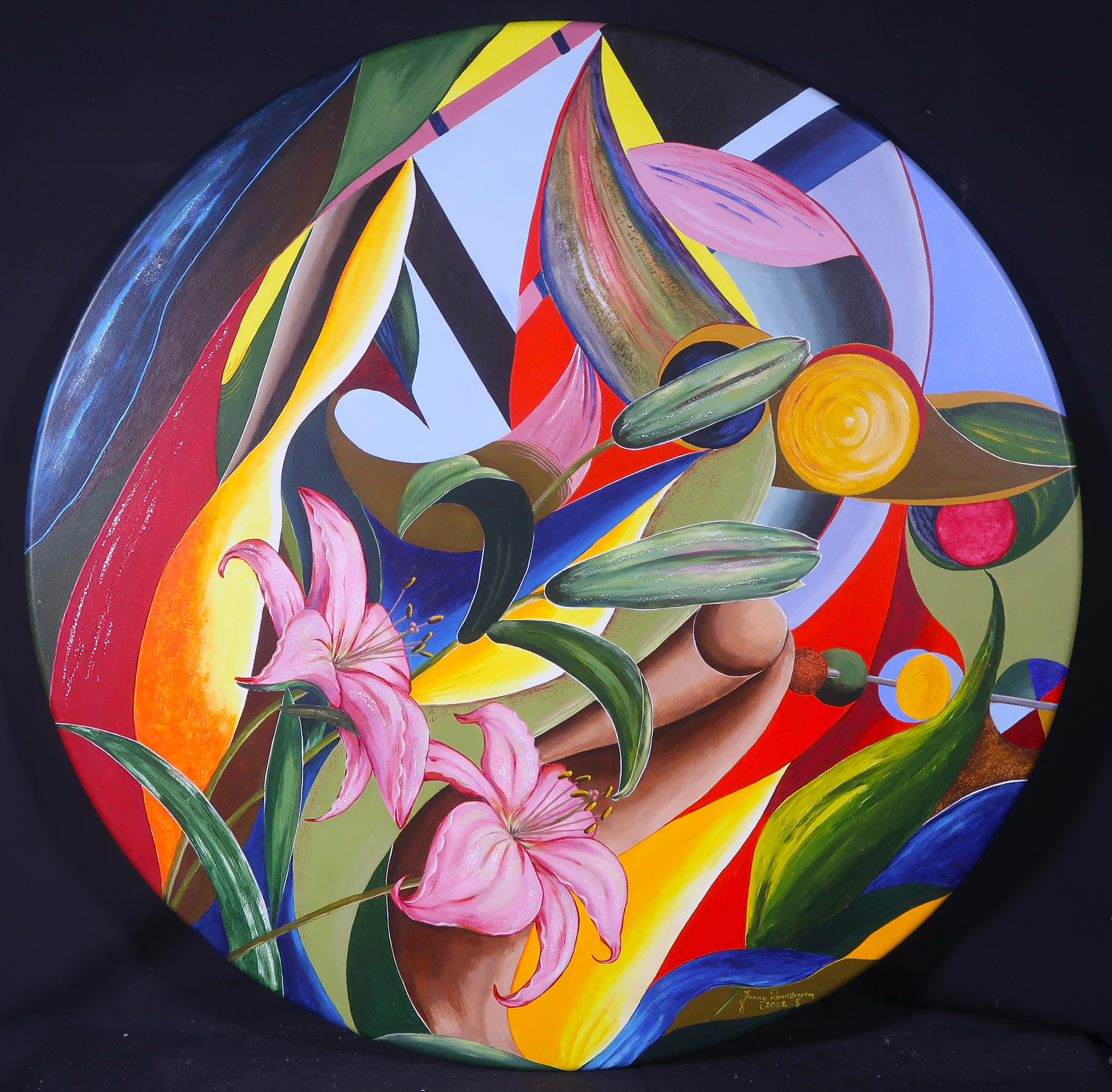 Janny Spaargaren-Zandbergen - Acryl op rond paneel, Lelies (Groot!) verkocht voor € 100!
