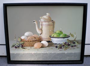 Thomas Heesakkers - Stilleven met emaillen kan, mandje eieren en schaaltje fruit kopen? Bied vanaf 250!