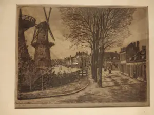 Marius Janssen - Stadsgezicht met molens Broersvest te Schiedam omstreeks 1870 kopen? Bied vanaf 35!